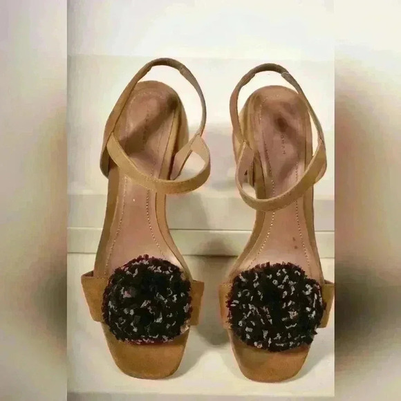 ZARA Tan  Black Microsuede Block Heel Open Toe Strappy Sandal 39EU 9US - Picture 2 of 8